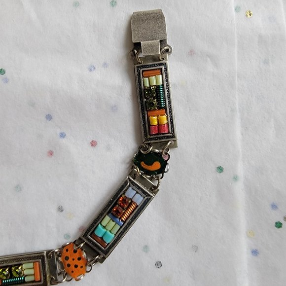 ADAYA MULTICOLOR RECTANGULAR LINKS MOSAIC STYLE BEADS BRACELET SILVER TONE NEW - Picture 3 of 5